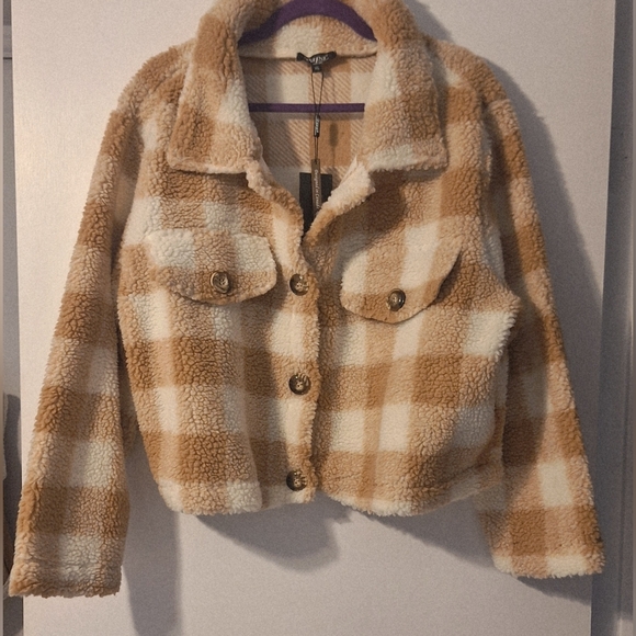 NWT Papa Vancouver Cozy Checkered Teddy Jacket - Brown and White Check - Picture 6 of 11